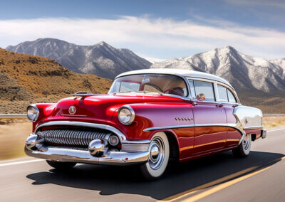 1956 Buick Special Deluxe Sedan Model AI. Red with white fenders.