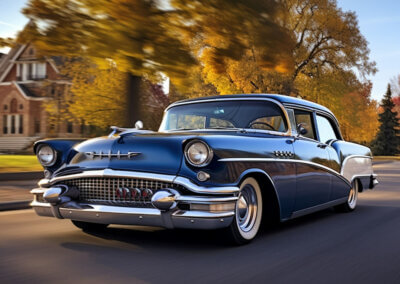 1957 Buick Special Deluxe Sedan Model AI, metallic navy with contrasting white rear fenders.